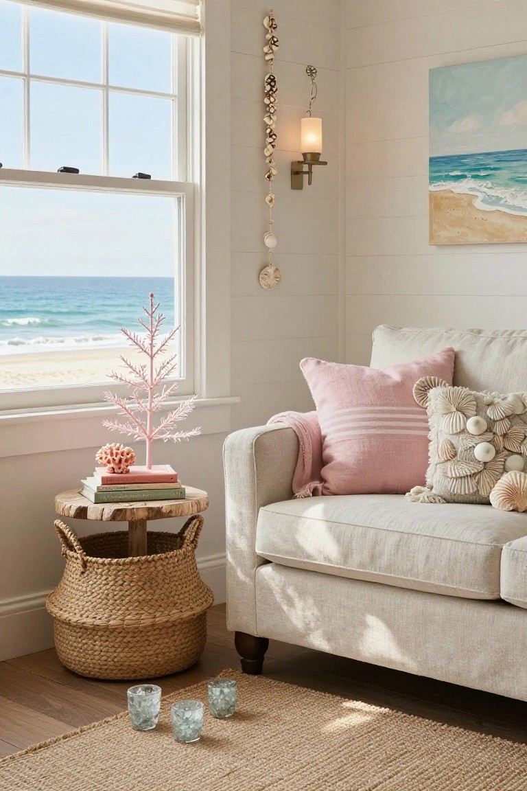 Living room corner with cream sofa, pink pillows, wooden side table holding small pink Christmas tree, books, and coral sculpture, wicker basket on floor, large window showing ocean view, seashell decorations on wall.