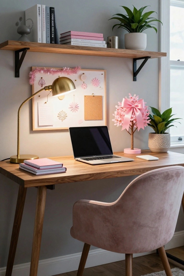 Wooden desk with open MacBook laptop, stacked pink spiral notebooks, white phone, gold arched desk lamp, pink artificial cherry blossom tree on pink base with large pink bow, corkboard with pink tinsel garland and notes, surrounded by shelves with books plants and pink accents, pink velvet chair.
