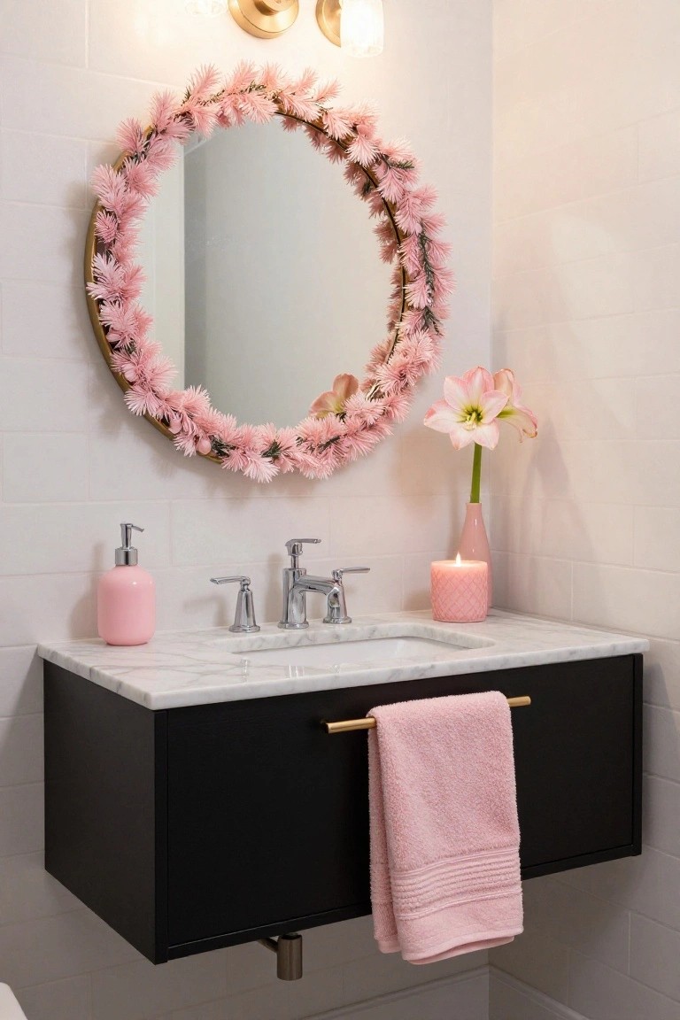 A bathroom vanity with black floating cabinet, white marble top, chrome faucet, pink soap dispenser, lit pink candle, pink towel on gold bar, pink amaryllis in vase, round gold mirror framed by pink garland, white subway tile walls, and wall sconces.