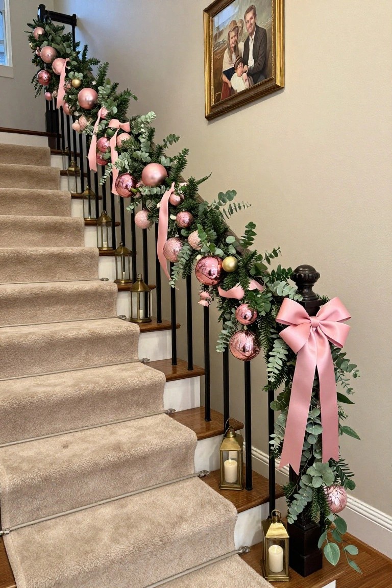 Wooden staircase with beige carpet, black metal railing decorated with pink Christmas garland including pink ornaments, ribbons, eucalyptus, and brass lanterns on the steps, family portrait in gold frame on beige wall.