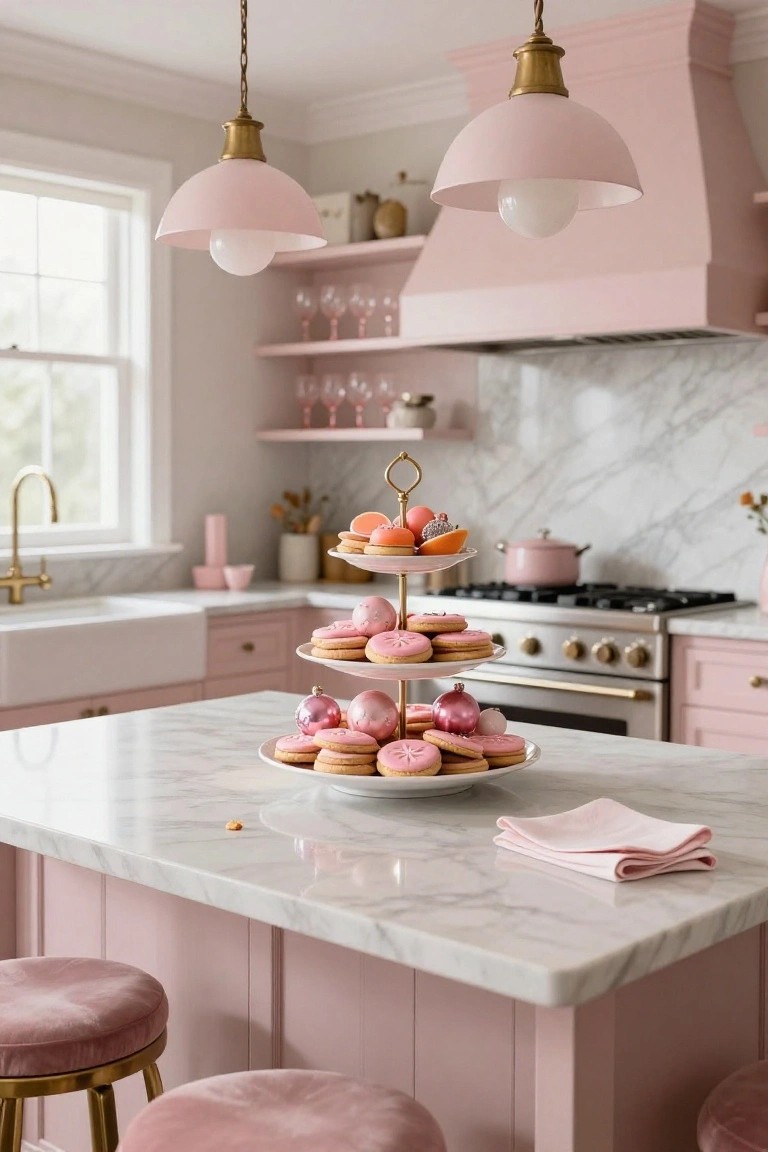Blush pink kitchen with white cabinets, marble island countertop holding a gold three-tiered stand with pink frosted donuts, cookies, macarons, oranges, and pink Christmas baubles, flanked by pink velvet barstools and pink pendant lights.