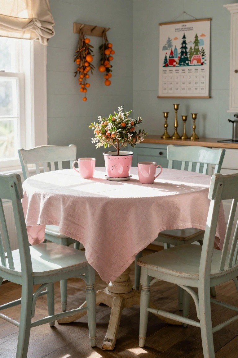 Round wooden table draped with a pink linen tablecloth holding two pink ceramic mugs, a pink metal flower pot with a flowering plant, and a saucer, surrounded by whitewashed mint green chairs in a pastel green kitchen with candles and wall decor.