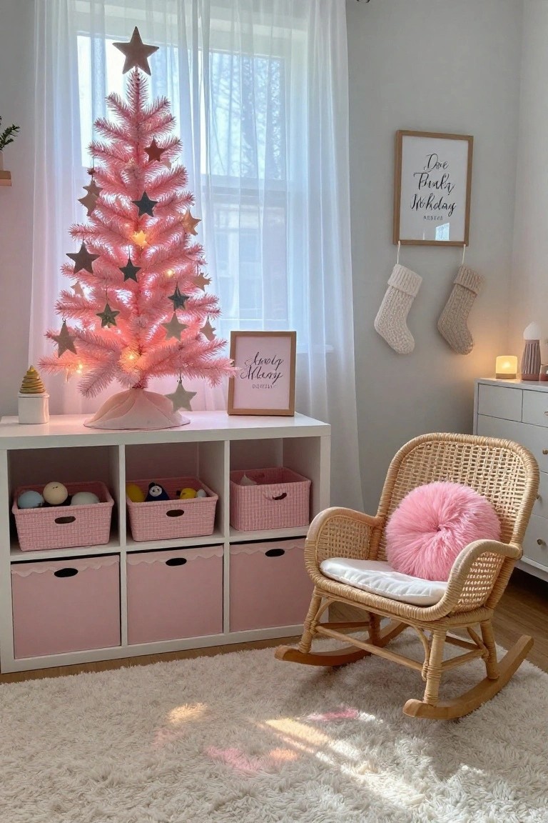 A child's nursery room with a small lit-up pink artificial Christmas tree decorated with star ornaments, pink storage bins on white shelving, a wicker rocking chair with pink cushion, and neutral holiday stockings on the wall.