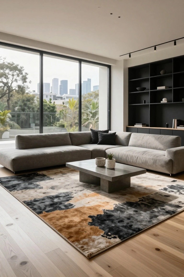 Modern living room featuring an L-shaped light gray sofa, rectangular concrete coffee table, large abstract rug in gray black white and orange tones, black built-in bookshelves, potted plants, and floor-to-ceiling windows with views of trees and city skyline.