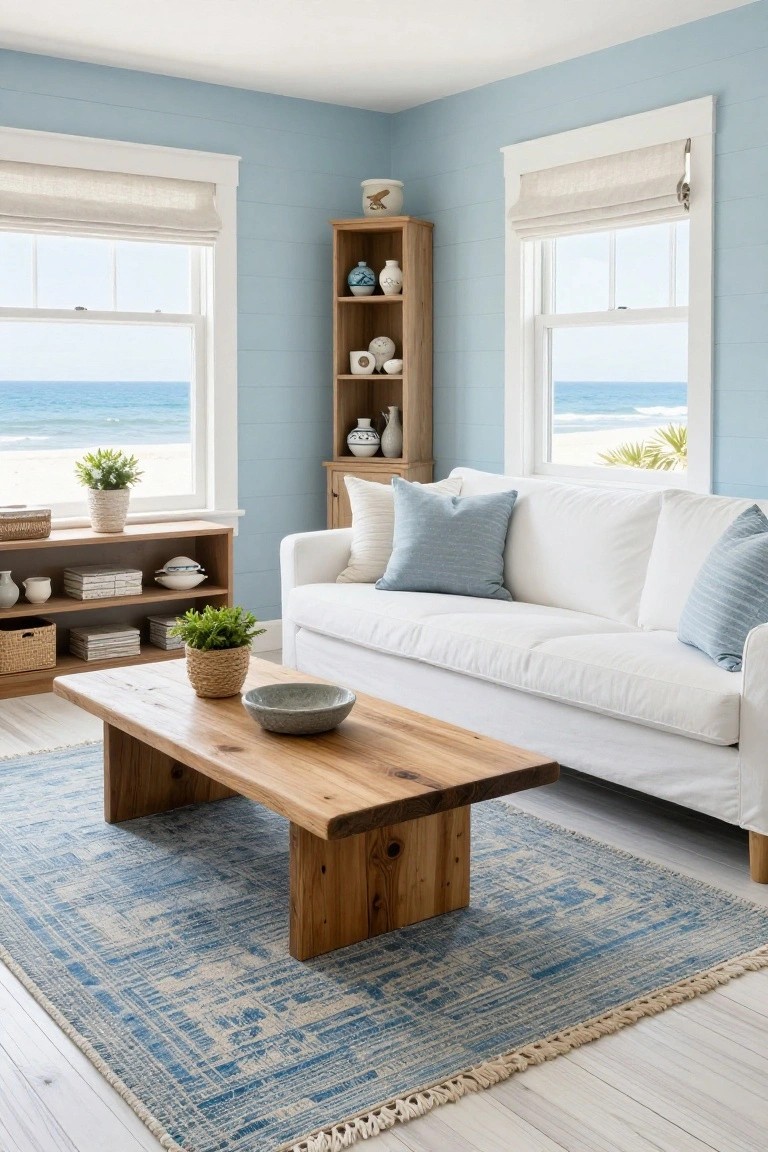 Light blue corner living room with white sofa, wooden coffee table on blue patterned rug, bookshelves with ceramics, plants, and large windows overlooking beach and ocean.
