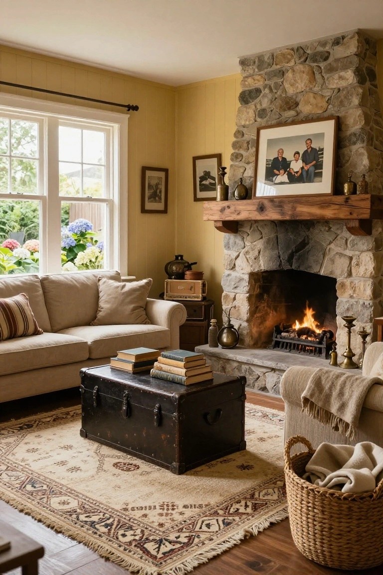 Living room with yellow paneled walls, beige sofa, antique black trunk coffee table stacked with books, large beige patterned area rug, stone fireplace with burning fire, wooden mantel, and large window showing hydrangeas outside.