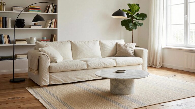 A minimalist living room featuring a white linen sofa on wooden legs, a round white marble coffee table with black base, a beige rug with thin blue stripes, white shelves with books and ceramics, a potted fiddle leaf fig plant with black floor lamp, and a large curtained window.