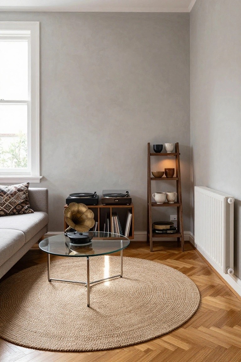 Living room corner with gray sofa, round beige jute rug under glass coffee table on herringbone parquet wood floors, wood ladder shelf holding ceramics, two turntables, brass horn speaker, and white radiator.