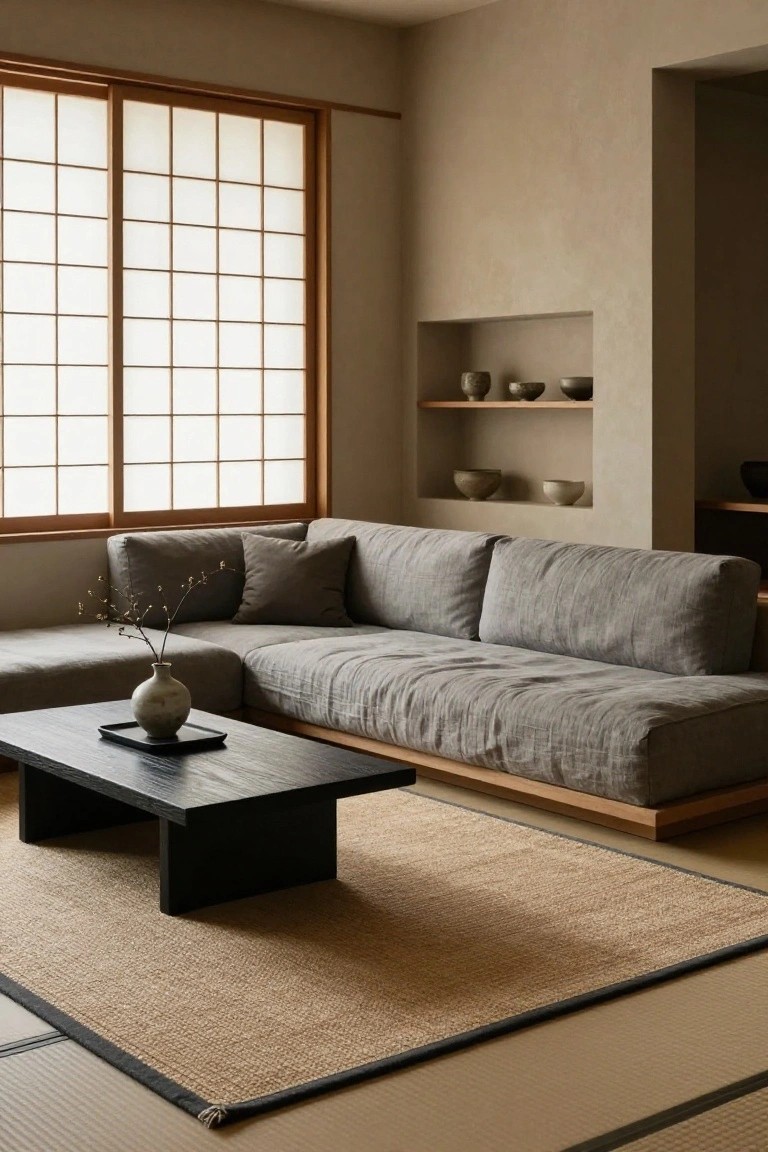 Minimalist living room with low gray linen L-shaped sofa, black wood low table holding a vase, beige seagrass rug on tatami mats, shoji screen windows, and pottery on wall shelves.
