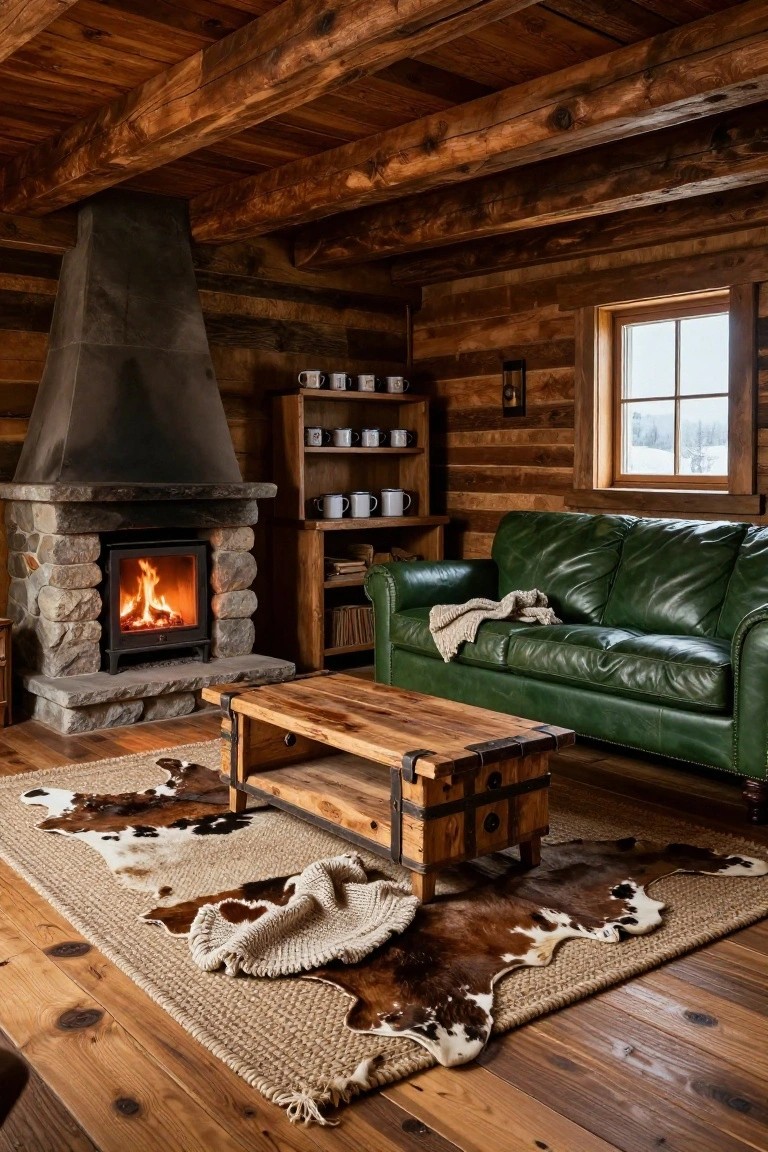 Rustic log cabin living room with wooden walls and ceiling, stone fireplace, green leather sofa, wooden coffee table, bookshelves, and a jute rug layered with a cowhide rug on the floor.
