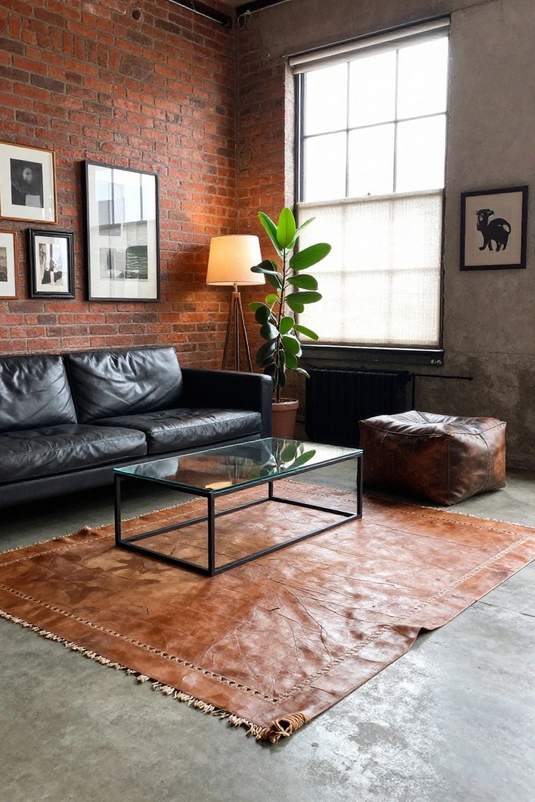 Industrial living room featuring exposed brick walls, black leather sofa, glass-top metal coffee table, large fringed brown leather rug, tan leather ottoman, potted plant, floor lamp, and framed artwork.