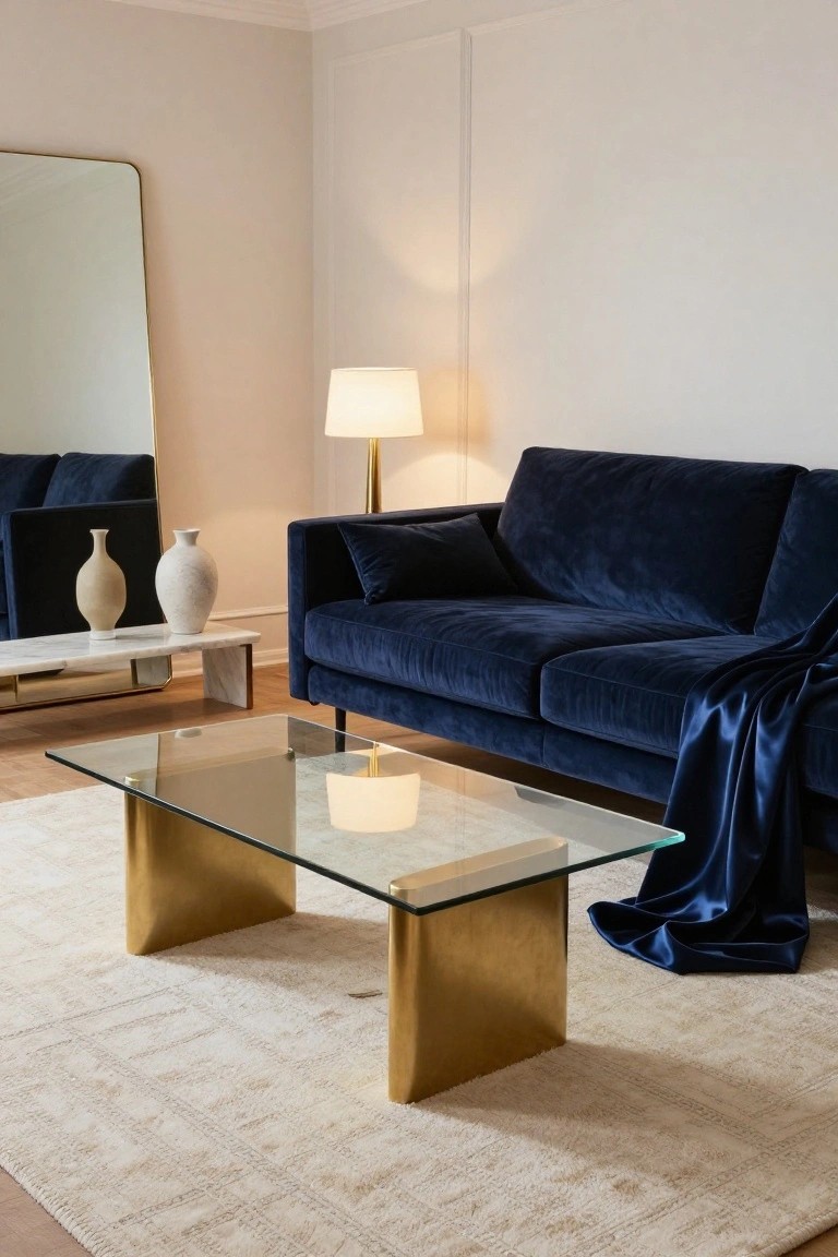 Neutral Rug with Navy Sofa
