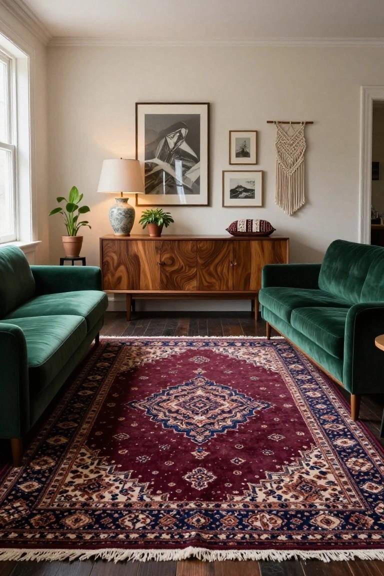 Oriental Rugs with Green Velvet Sofas