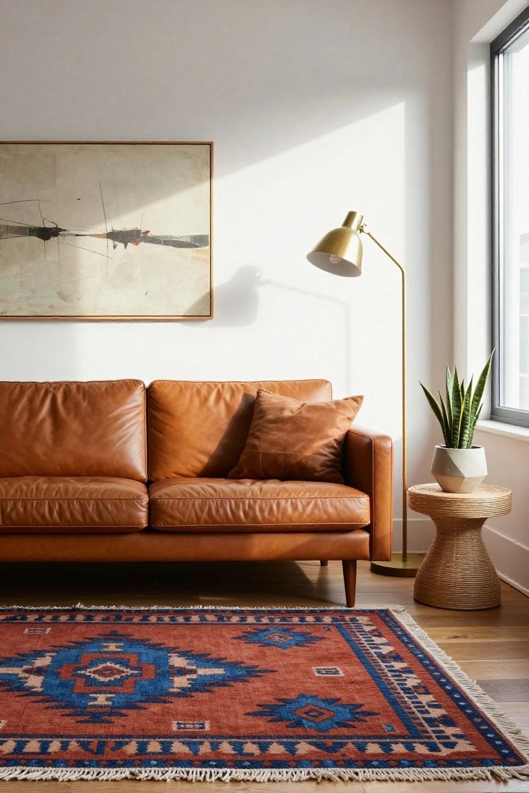 Modern living room with tan leather sofa on red and blue patterned rug, gold floor lamp, snake plant in white pot on rattan stool, and abstract artwork on white wall next to window.