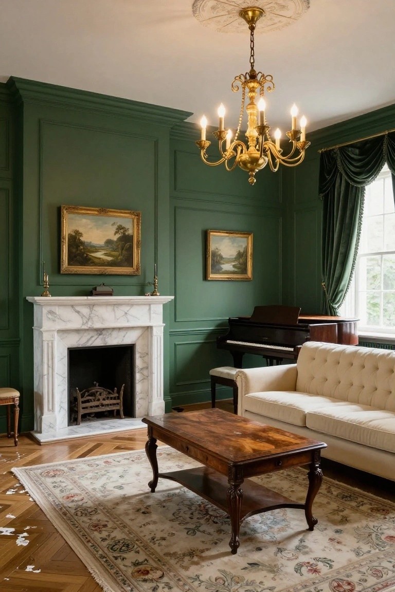 Formal living room with dark green paneled walls, marble fireplace, upright piano, cream tufted sofa, wooden coffee table on a large cream and pastel patterned rug over herringbone parquet flooring, gold chandelier, and landscape paintings.