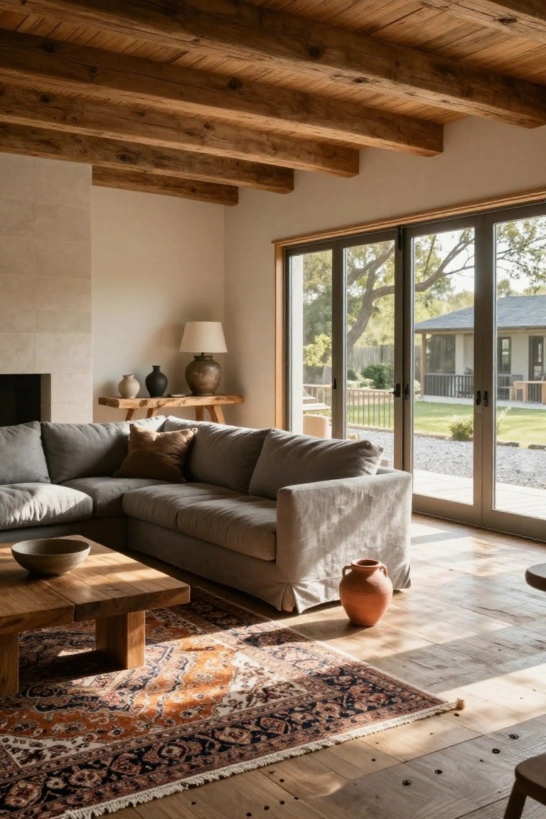 Living room featuring exposed wooden ceiling beams, beige walls, gray L-shaped sofa, wooden coffee table, colorful orange and blue patterned rug on light wood floors, ceramic vases, and sliding glass doors opening to a green yard.