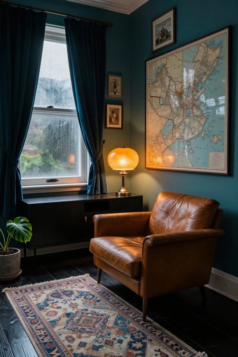 Teal-walled room corner with tan leather armchair on multicolored oriental rug, black sideboard holding monstera plant, globe lamp, large vintage map, and window showing rain outside.