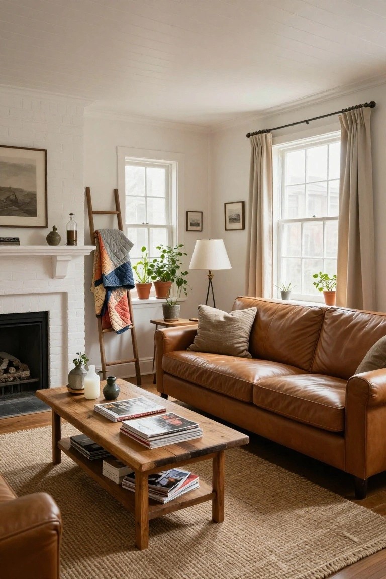 Living room with tan leather sofa, wooden coffee table holding books on a light seagrass rug, white brick fireplace with ladder and quilt nearby, plants on side tables, and beige curtains at windows.