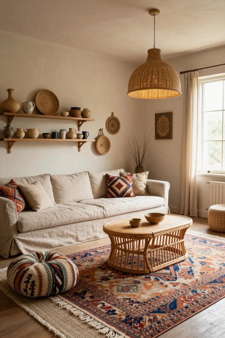 A beige linen slipcovered sofa and rattan coffee table on a large blue, orange, and red patterned rug in a light-walled living room with pottery shelves and woven decor.