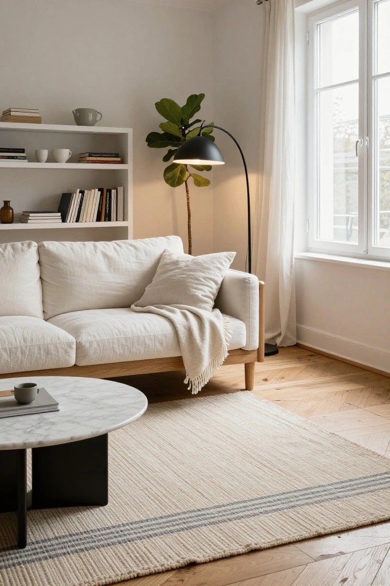 A minimalist living room featuring a white linen sofa on wooden legs, a round white marble coffee table with black base, a beige rug with thin blue stripes, white shelves with books and ceramics, a potted fiddle leaf fig plant with black floor lamp, and a large curtained window.