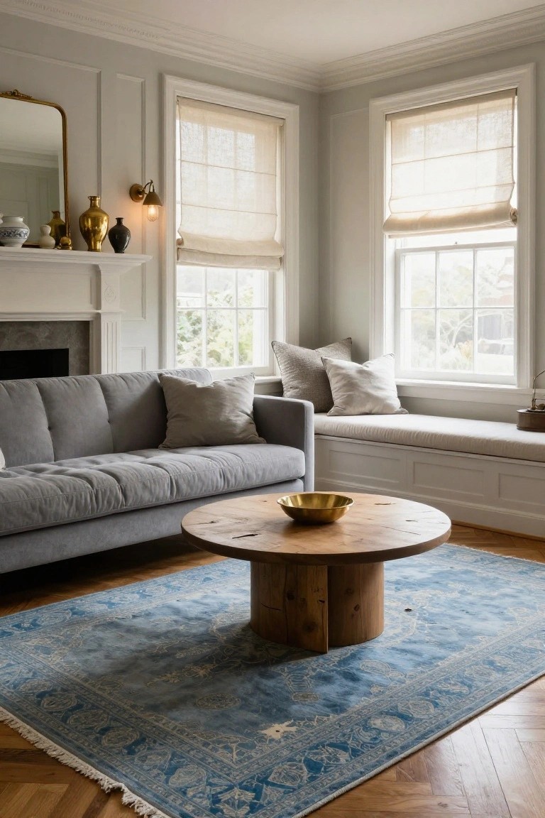 Living room with gray sofa, white window seat, round wood coffee table on blue patterned rug, marble fireplace, neutral vases on mantel, and linen shades on windows.