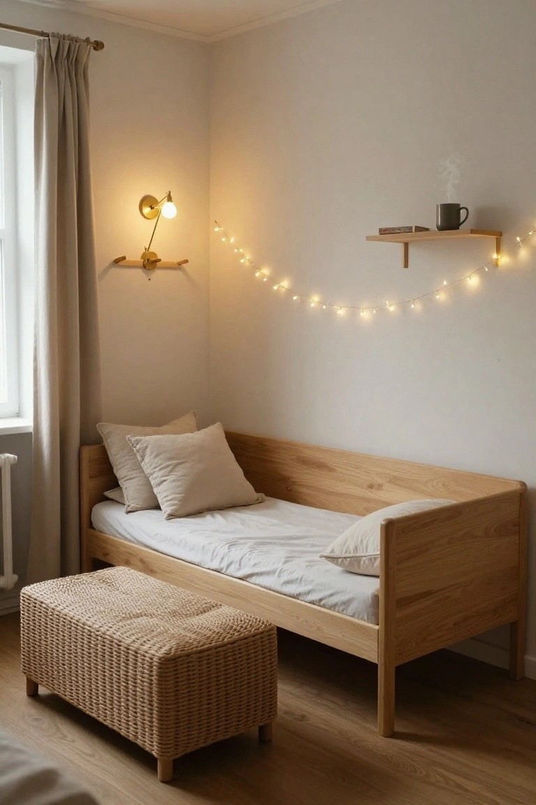 Light beige bedroom corner with wooden daybed, white sheets, beige pillows, wicker ottoman, wall shelf holding book and mug, string lights along wall, brass wall lamp, linen curtains by window, and radiator.
