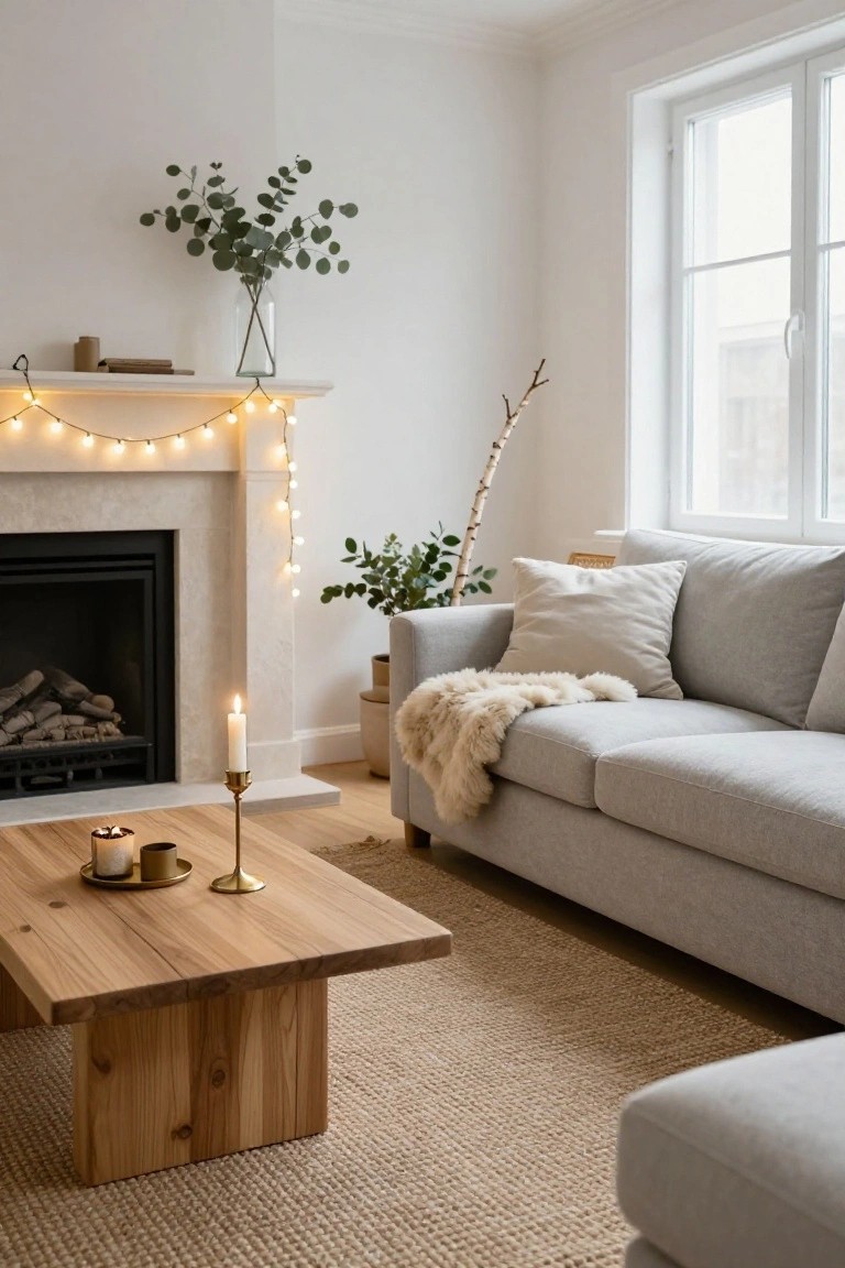 Cozy living room corner with white walls, stone fireplace draped in string lights, wooden coffee table holding candles and a candlestick, gray sofa with pillows and fur throw, potted plants, and large window.