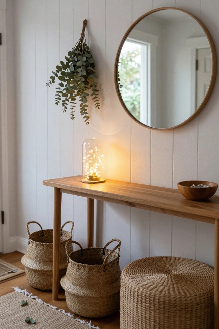White shiplap wall in an entryway with round wooden mirror, hanging eucalyptus bundle, wooden console table holding lit glass cloche with fairy lights, wooden bowl, seagrass baskets, and woven stool on wood floor with rug.