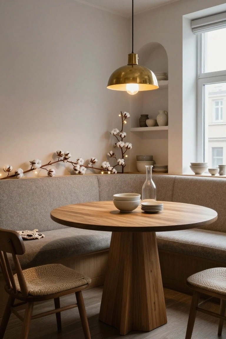 Light-filled dining nook with round wooden table, gray bench seating, rattan chairs, white cotton boll branches with fairy lights draped along a wall shelf, ceramics on open shelves, and a brass pendant lamp overhead.