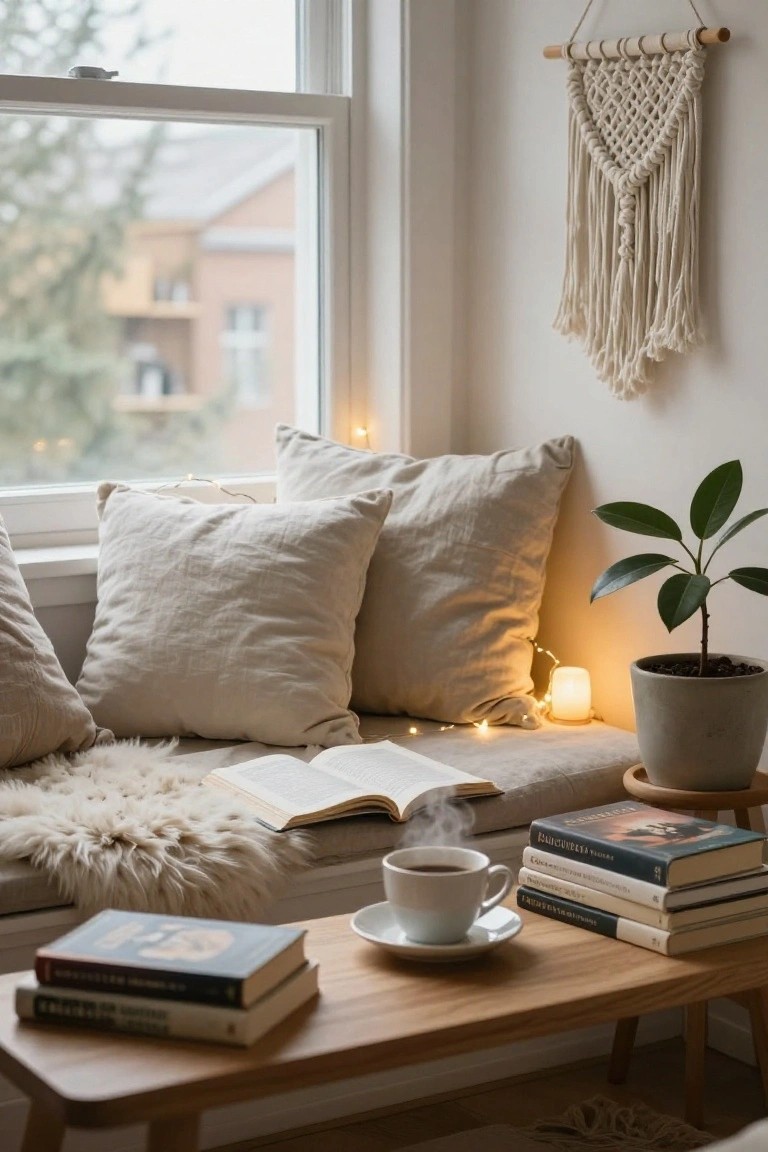 Cozy indoor window seat with beige pillows, sheepskin throw, open book, cup of tea on saucer, stack of books on wooden table, potted plant, fairy lights, and macrame wall hanging next to a large window.