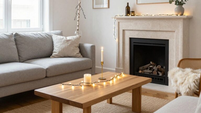 Cozy living room corner with white walls, stone fireplace draped in string lights, wooden coffee table holding candles and a candlestick, gray sofa with pillows and fur throw, potted plants, and large window.