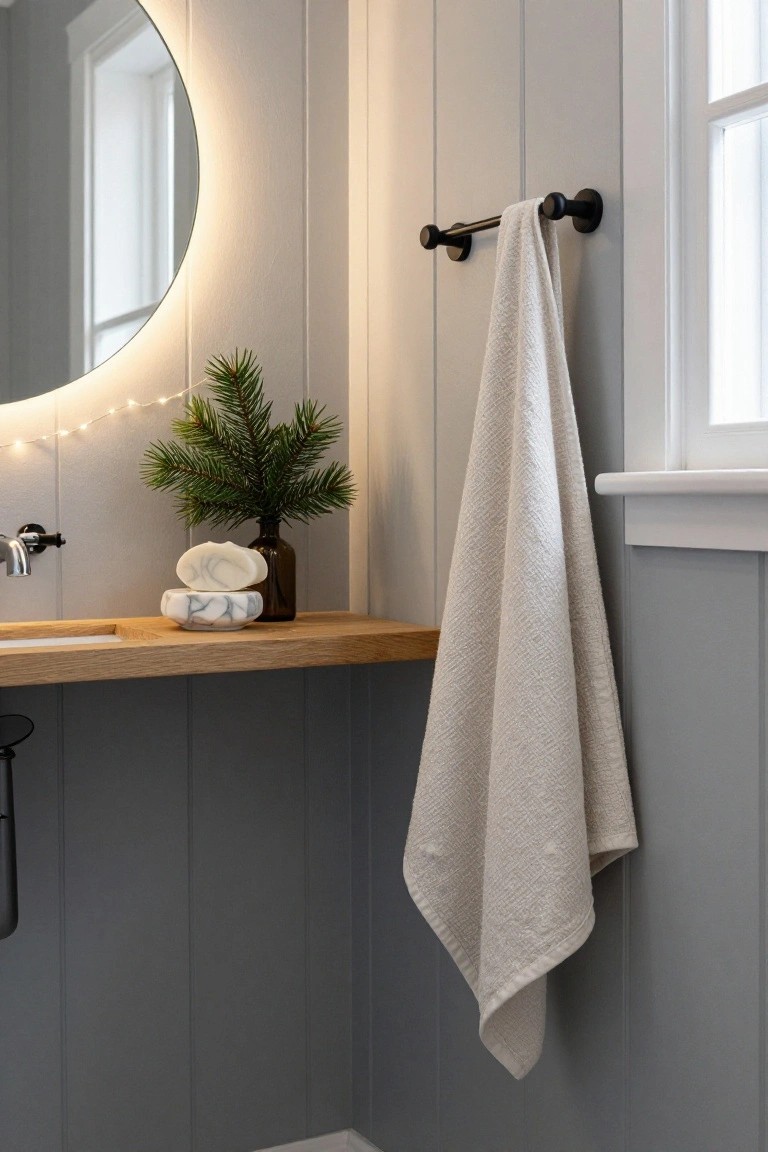 A minimalist bathroom with light gray paneled walls, a round mirror edged in white LED lights, wooden countertop sink, small potted pine branch, marble soap dish, and white towel on black towel bar.