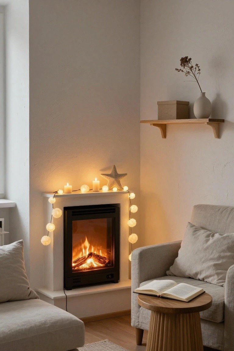 Modern black fireplace in a white-walled room corner with fluffy white fairy lights and candles draped along the mantel, beside a beige armchair, open book on wooden side table, and shelves with vase and box.