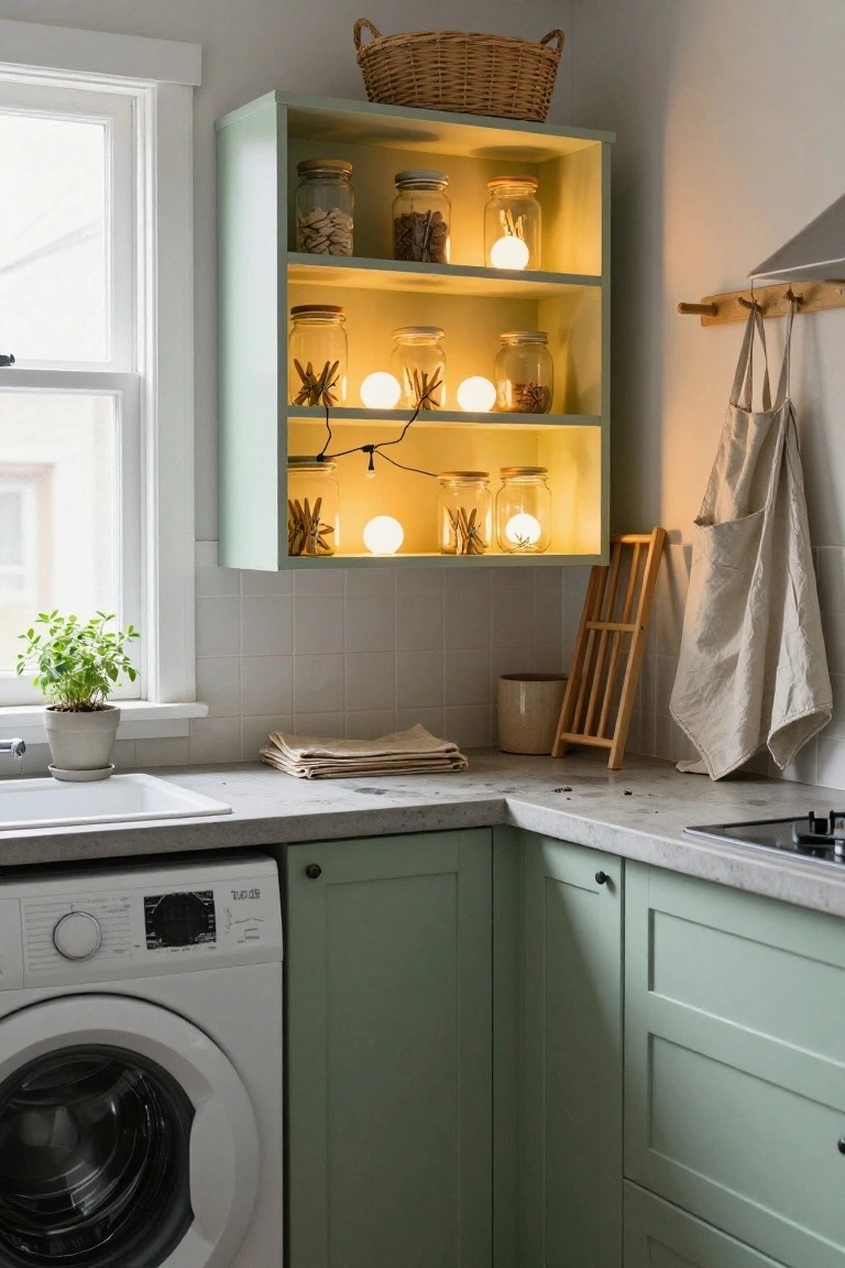 Corner kitchen with mint green cabinets and open shelves holding glass jars lit by small white globe string lights, next to a sink, potted herb plant, wooden rack, and white washing machine.