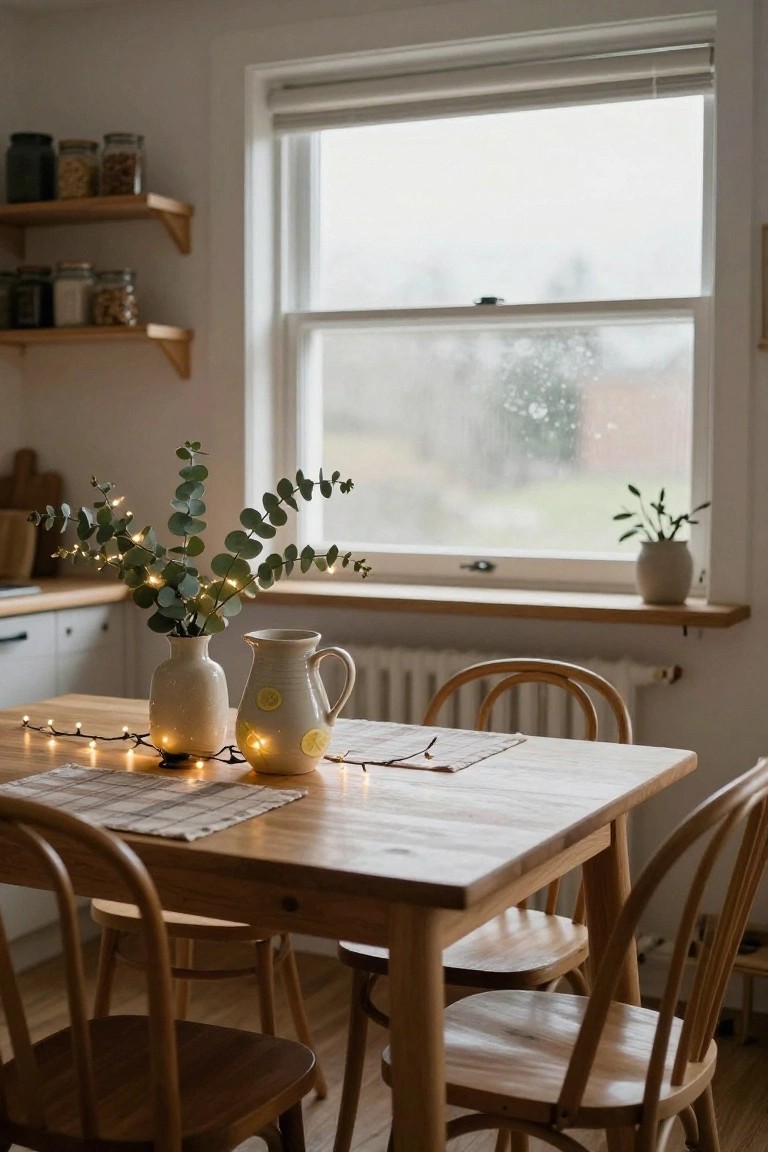 Cozy wooden dining table with eucalyptus, fairy lights, and lemon pitcher by window.