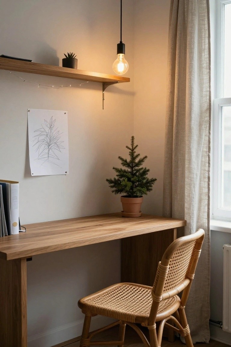 Home office corner with wooden desk, rattan chair, small potted fir tree in terracotta pot, wooden floating shelf holding a plant and string lights, exposed bulb pendant lamp, line drawing on wall, and window with sheer curtain.