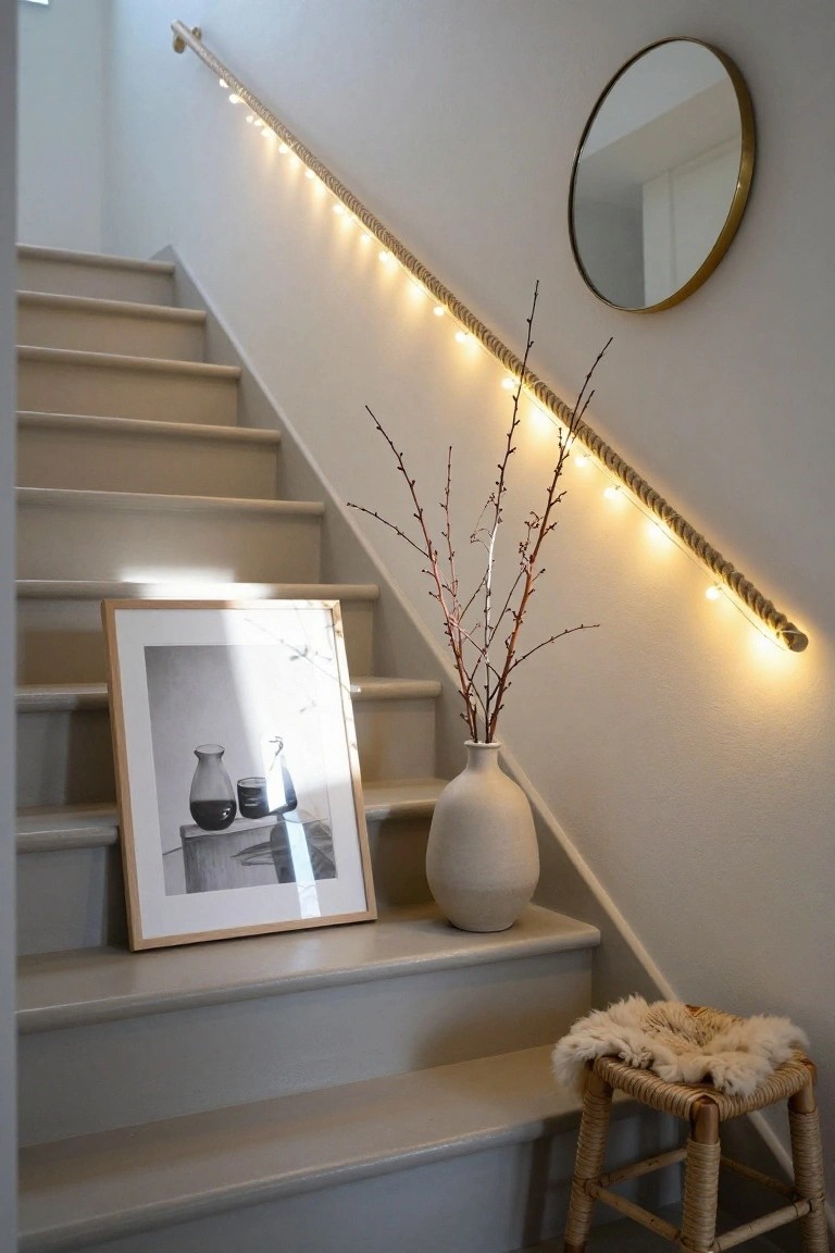 Beige carpeted interior staircase with a thick rope handrail wrapped in small white fairy lights, a gold round mirror on the wall, branches in a white vase, a framed black-and-white photo on the steps, and a rattan stool with sheepskin at the bottom.