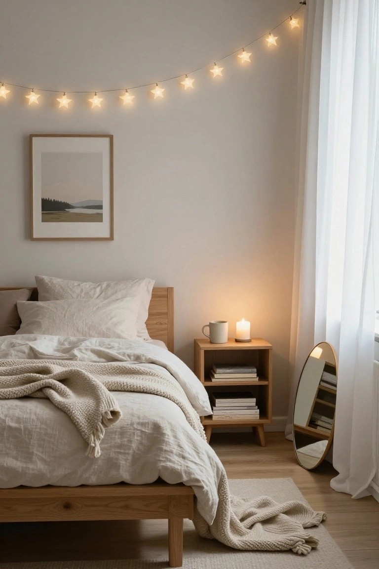 Cozy bedroom corner with wooden bed draped in white linens and knit blanket, star-shaped string lights hanging on beige wall, wooden nightstand holding books mug and lit candle, round mirror by white curtain-covered window, light wood floor with rug.