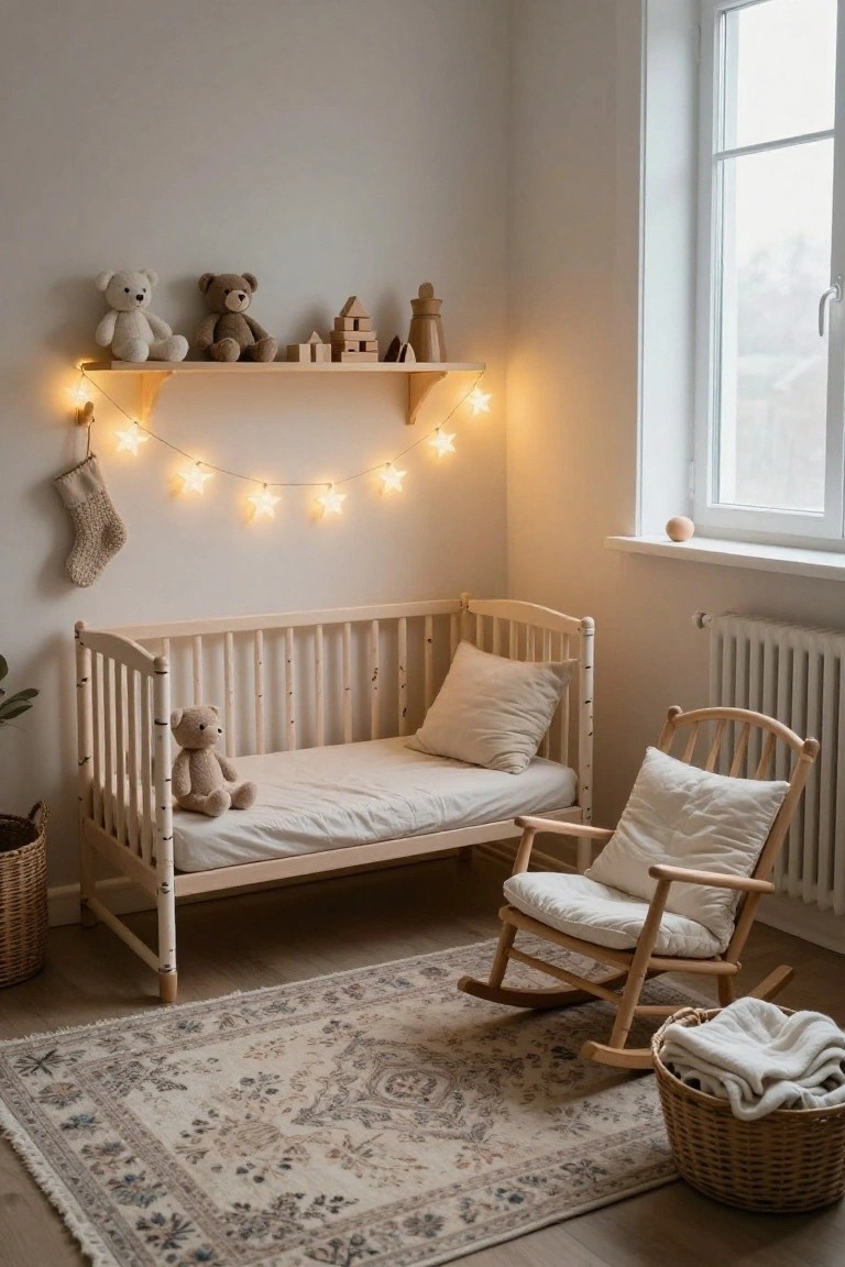 Light beige nursery room with wooden crib containing teddy bear, adjacent rocking chair with cushions, wooden shelf displaying stuffed bears and wooden toys lit by star-shaped string lights, Christmas stocking hanging nearby, potted plant, basket, and patterned rug on floor.