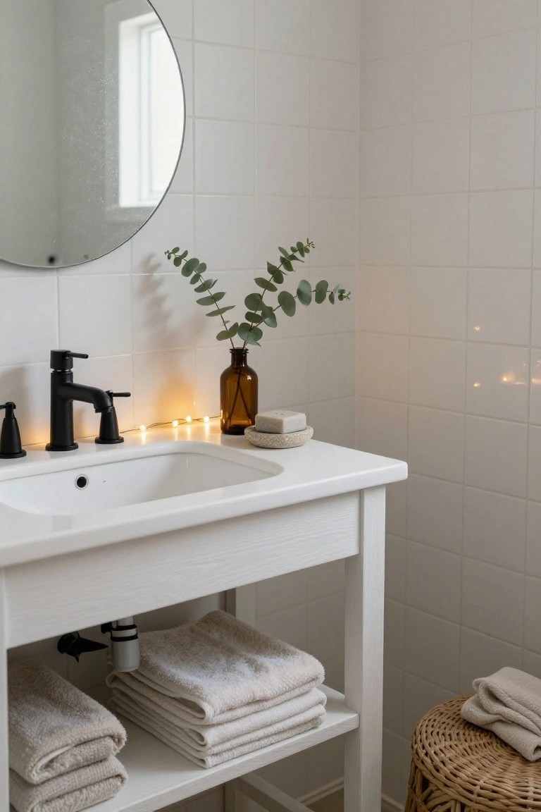 White bathroom vanity with black faucet and handles, round wall mirror, eucalyptus branches in amber glass bottle, soap on dish, string lights along counter edge, folded towels on open shelves below, wicker stool with towel nearby.