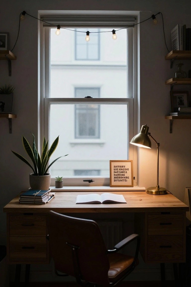 Minimalist home office with wooden desk, open notebook, stacked books, potted plants, gold desk lamp, and string lights with exposed bulbs hanging above a large window.