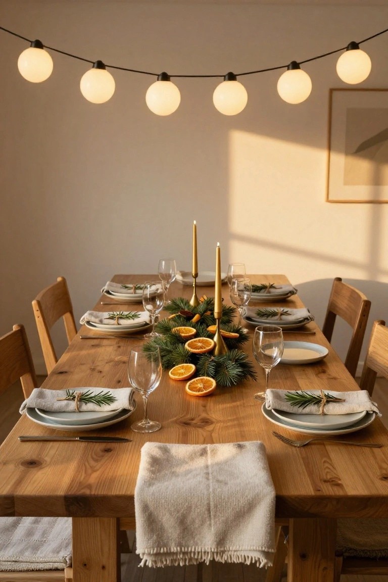 Wooden dining table set with plates, glasses, napkins with rosemary sprigs, and a centerpiece of fir branches, oranges, and gold candles under hanging white globe string lights in a light-filled room.