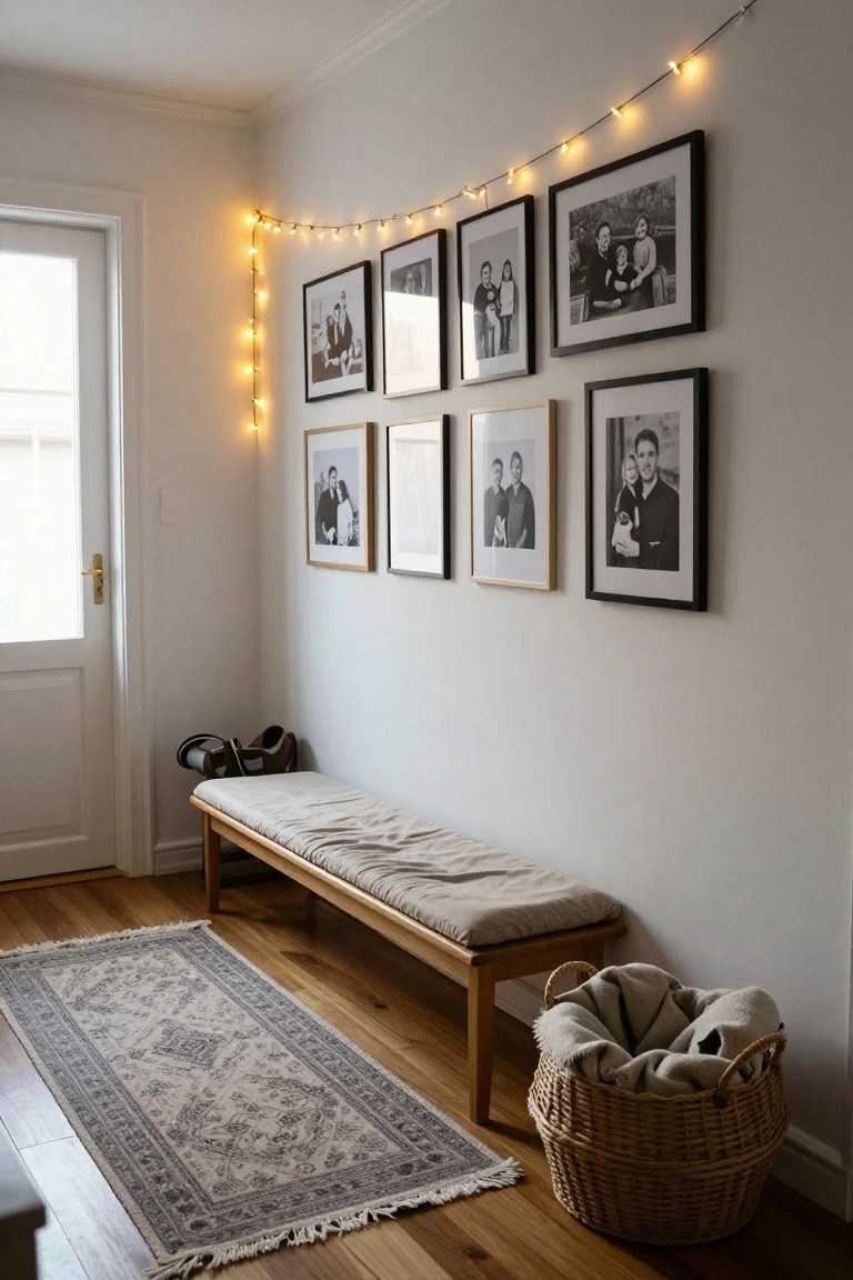 Entryway corner with white walls, wooden bench with cushion, woven basket holding blankets, patterned rug on wood floor, glass door, and multiple black-framed family photos on wall topped by string fairy lights.