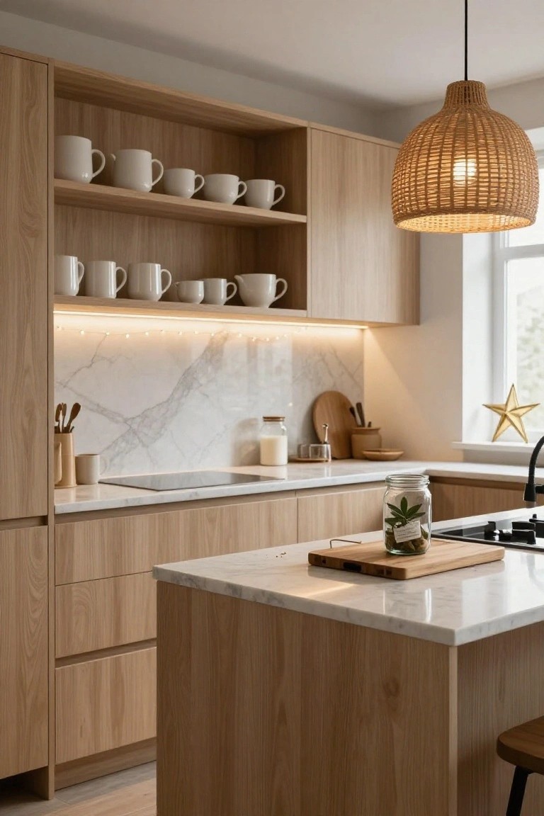 Light oak kitchen cabinets with white mugs on open shelves, marble backsplash and counters, under-cabinet LED lighting, rattan pendant lamp, wooden cutting board and jar on island, bar stool, and gold star on window.