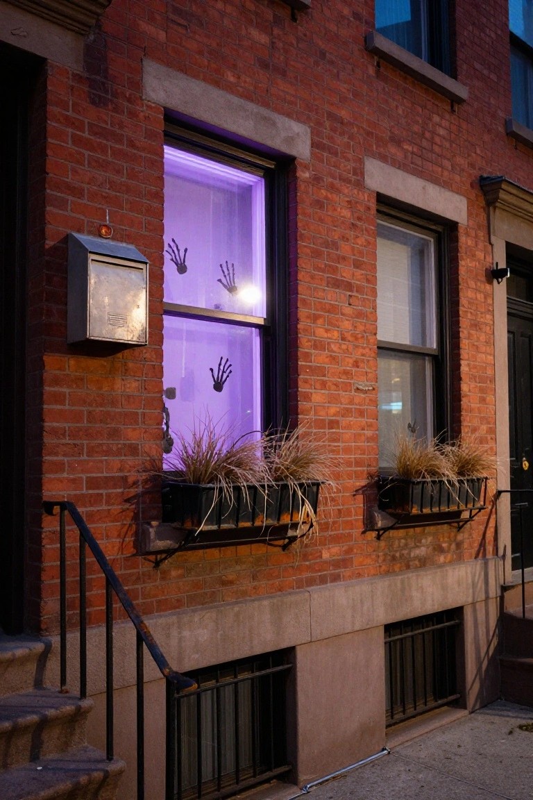 Brick townhouse exterior at night with central window illuminated in purple light showing multiple skeleton hand decals, flanked by window boxes of tall ornamental grasses, front steps, and a metal mailbox.