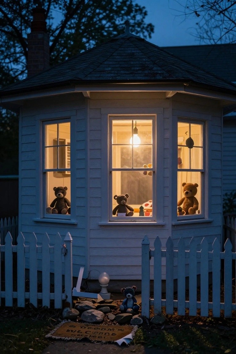 Small white octagonal playhouse at dusk with teddy bears in illuminated windows, white picket fence out front, rocks and a welcome mat on the ground.