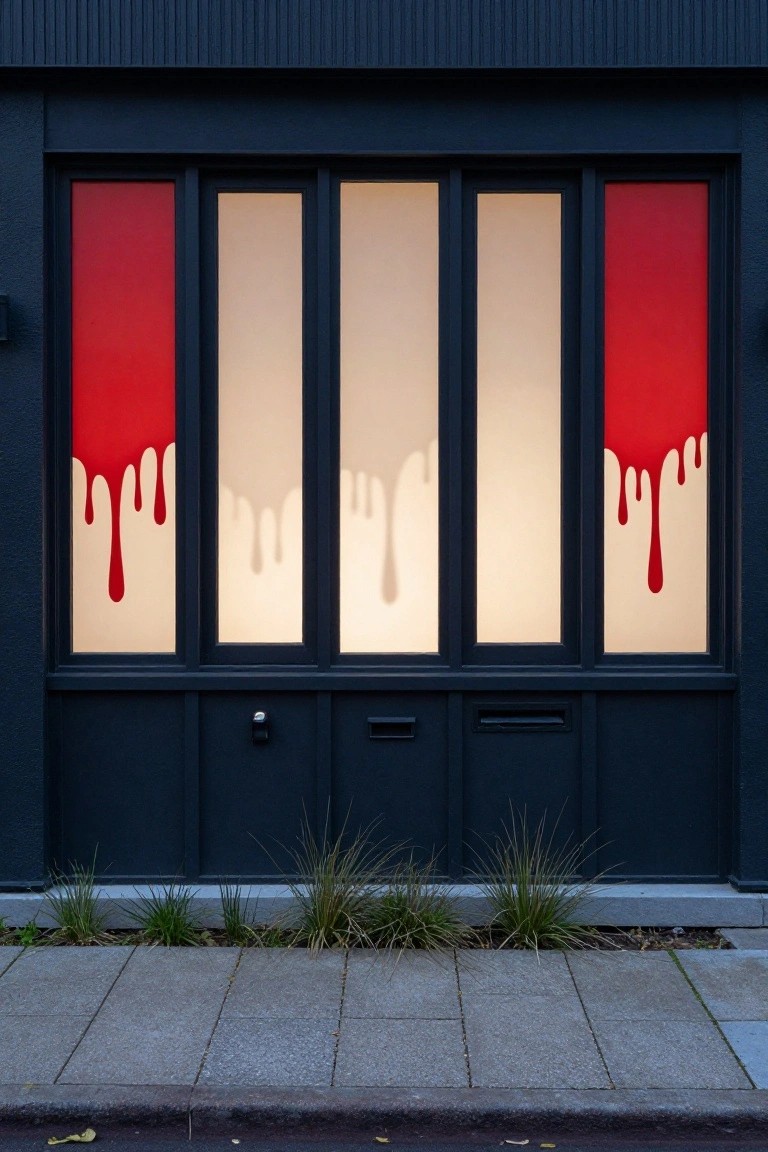 Dark modern house facade with red vinyl decals of dripping blood on the two outer windows flanking three clear lit center panes, plus a dark door, mail slot, and ornamental grasses along the front pavement.