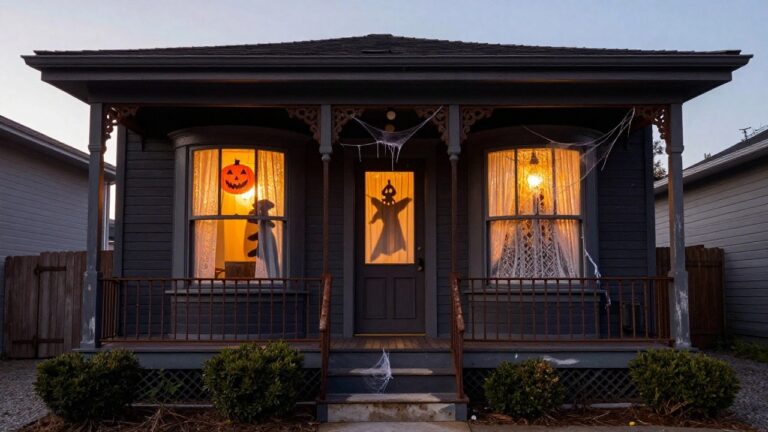 Gray two-story house with Victorian details at dusk, decorated for Halloween with cobwebs, orange jack-o-lantern window clings, a black silhouette figure in the second-floor balcony window, and lit interior windows.