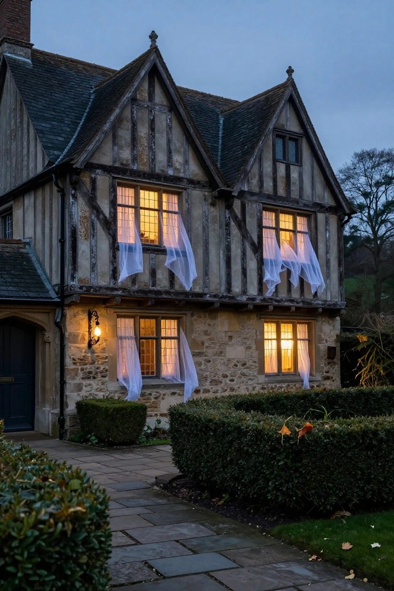 Twilight photo of a half-timbered stone house with white sheer fabrics draped over multiple illuminated windows, hedges along a stone path leading to the front door.