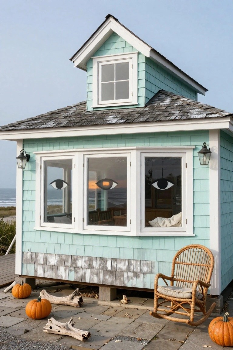 Turquoise shingled beach house with large black and white eye decals on the three front windows, a wicker rocking chair and pumpkins on the stone patio, ocean and sunset in the background.
